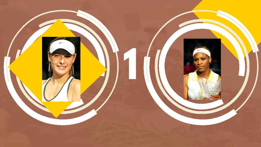 Collage of pictures taken from podium from the 2004 final in Los Angeles - Maria Sarapova (left) and Serena Williams (right)