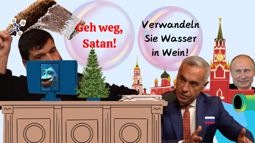 Gojira bespritzt Calin Georgescu mit Weihwasser. Die Bildunterschrift lautet „Geh weg, Satan!“, nachdem Cain Georgescu gesagt hatte: „Verwandle Wasser in Wein!“.