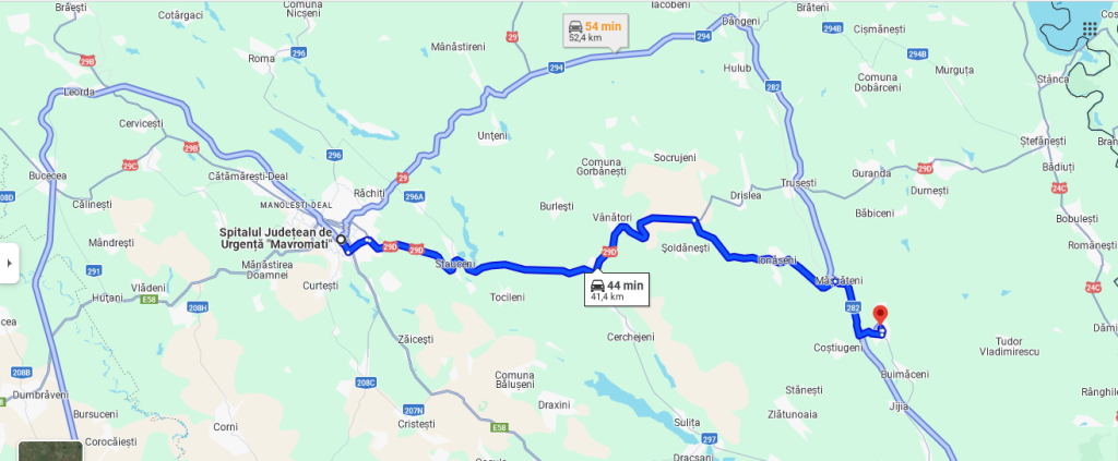 A map showing the distance between Albesti and Botoșani County Hospital (Spitalul Județean Mavromati)