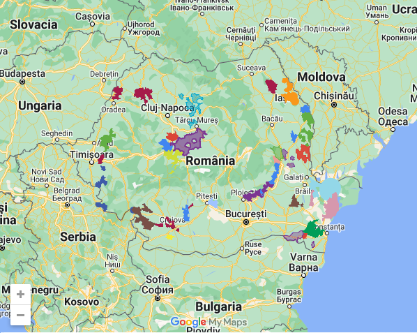 Harta denumirilor de Origine Controlată a vinurilor din România