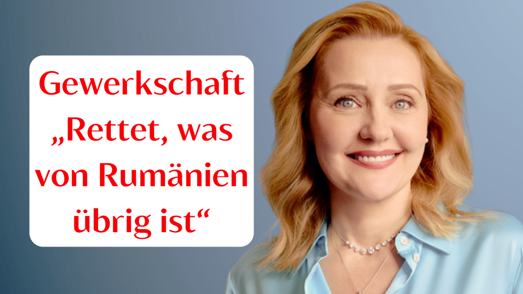 Die USR-Kandidatin Elena Lasconi neben der Botschaft „Union rettet, was von Rumänien übrig ist“